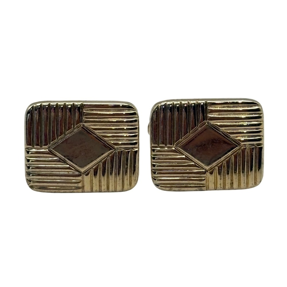 Cufflinks Mens OS Gold Textured Art Deco Diamond Pattern Rectangle Vintage